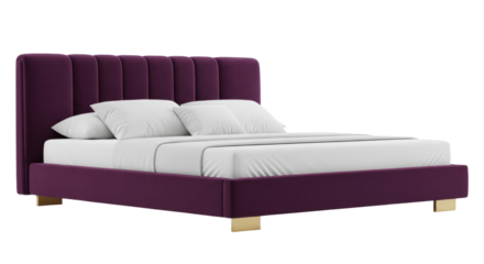 Isolated purple velvet bed with pillows and duvet bedding, modern comfortable bedroom furniture