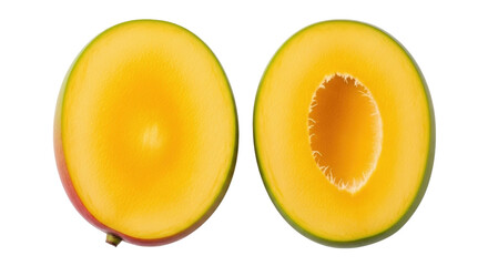Isolated halves of a ripe mango, cut open to reveal its juicy, golden-yellow flesh