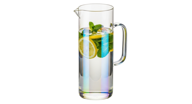 Isolated glass pitcher with refreshing infused water, sliced lemons and mint leaves beverage