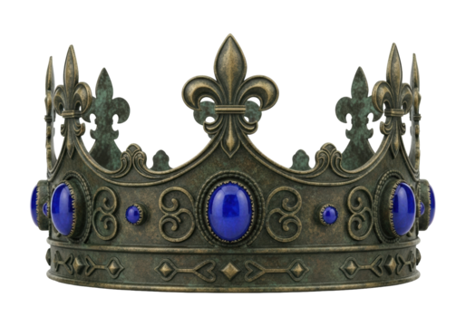 Isolated antique crown with fleur-de-lis and blue gems for king or queen royalty symbol