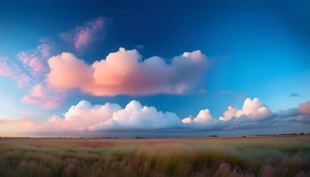 Soft Pastel Clouds Drift Across A Bright Blue Sky During Early Morning Or Late Afternoon In A Tranquil Landscape