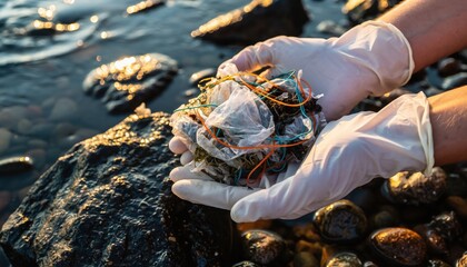 Gloved hands holding plastic waste from rocky shore highlighting marine pollution