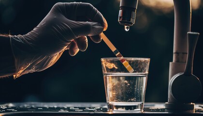 Gloved hand testing drinking water quality with strip under lab equipment