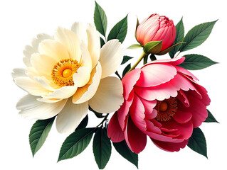 Elegant peony flower arrangement with white pink and bud on transparent background