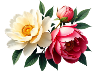 Elegant peony flower arrangement with white pink and bud on transparent background