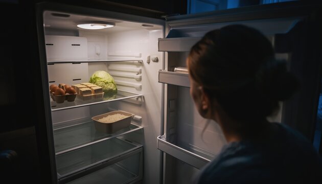 Woman looking into nearly empty fridge at night reflecting food insecurity