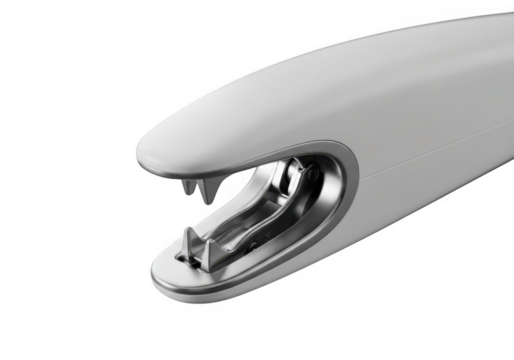 Close up of a white stapler mechanism with metal staples ready to fasten paper isolated on transparent background - Powered by Adobe