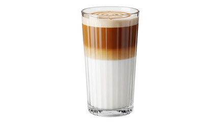 Isolated glass of caramel macchiato with coffee art, layered drink in tall ribbed glass