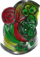 A highly dynamic and detailed abstract pattern combining organic and spiral forms. The design is executed in a mixed media technique, using a liner and a rich color wash. 