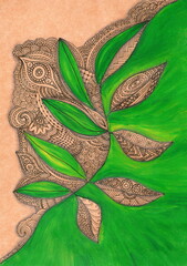 The illustration features a highly detailed image of a stylized branch, executed in a mixed technique that combines graphics and painted fills. 