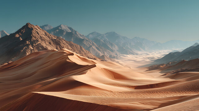 Serene desert panorama with undulating sand dunes leading to towering mountains beneath a bright sky