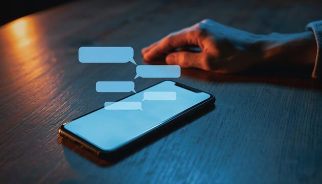 Hand near smartphone with empty chat bubbles symbolizing loneliness online - Powered by Adobe