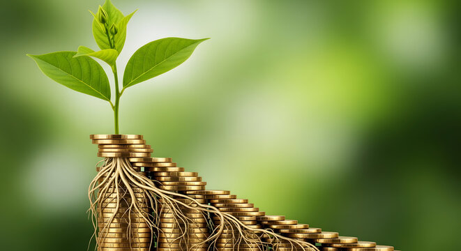 Green sprout growing from stack of coins symbolizing financial growth and investment success
