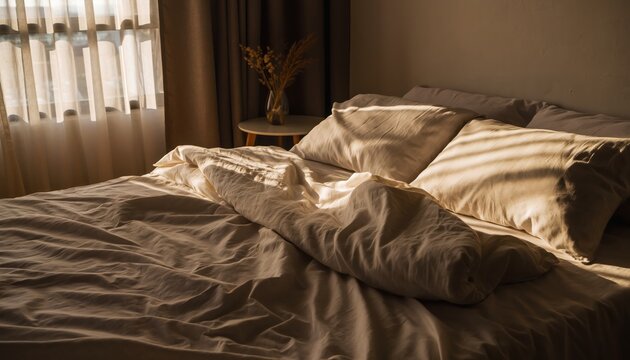 Unmade cozy bed in warm morning light symbolizing rest and slow living