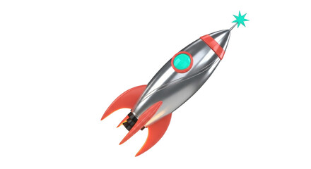 Isolated vintage silver rocket ship with a teal star, launch to space or exploration concept