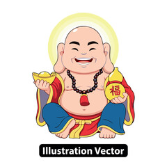 Smiling Buddha Vector Illustration with Gold Ingot and Calabash Symbols of Prosperity