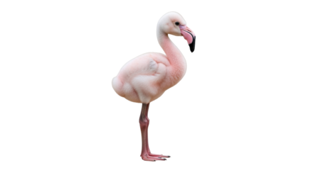 Isolated Pink flamingo standing on one leg looking cute, single bird on blank area