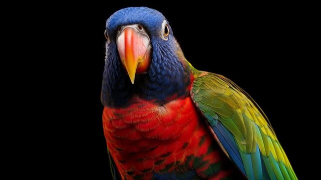 Vibrant parrot stares intently into the camera against a stark black backdrop, showcasing its colorful plumage in a studio setting, creating a captivating portrait.