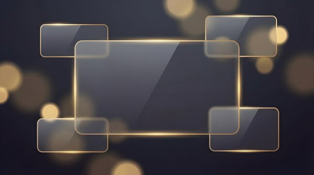 Abstract glassmorphism UI with floating translucent rounded rectangles linked by glowing golden lines on dark bokeh background; elegant frame template for tech, web, banner or presentation.