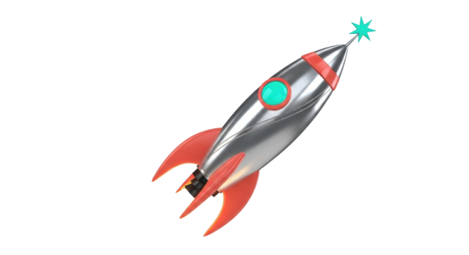 Isolated vintage silver rocket ship with a teal star, launch to space or exploration concept