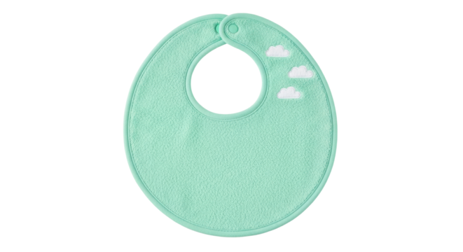Isolated baby bib with cloud motif in aqua color for eating and burping purposes