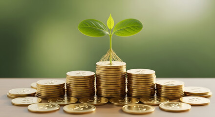 Green sprout growing from stack of gold coins symbolizing financial growth and investment success