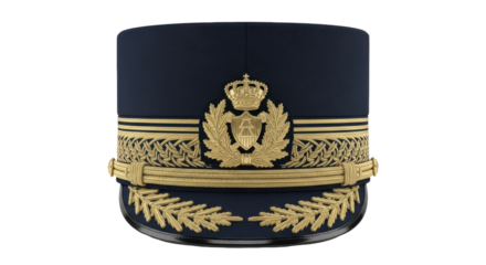 Isolated dress hat with intricate insignia and gold trim is worn for formal military events