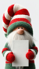 Christmas gnome in red and green knitted hat holding blank card with copy space for text