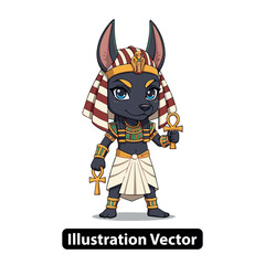 Cute female Anubis character in traditional ancient Egyptian costume holding a golden ankh