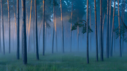 Misty Pine Forest in Early Morning Light with Soft Haze Creating Peaceful and Quiet Atmosphere in Woodland Setting