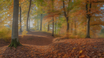 Autumnal Forest Scene with Fallen Leaves Covering Ground and Trees Displaying Warm Colors of Fall Season a Natural Landscape