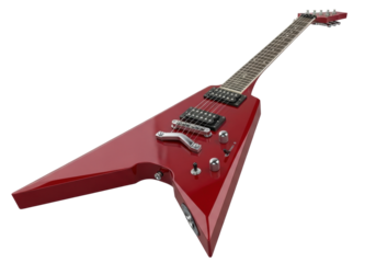Isolated Flying V electric guitar, red finish, metal hardware, strings, fretboard, perspective