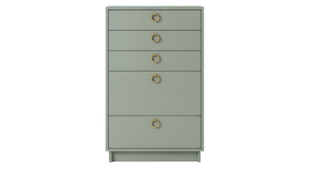 Isolated pale-green wooden five-drawer dresser chest with circular gold pulls on drawers