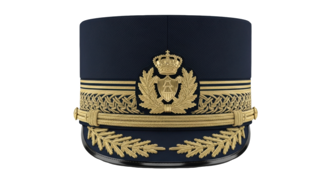 Isolated dress hat with intricate insignia and gold trim is worn for formal military events
