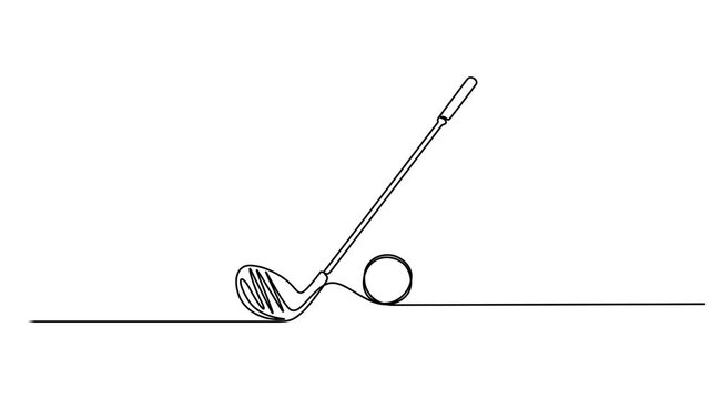 golf club flat continuous one line drawing video, Self drawing animation of single line draw crossed golf clubs, ball. Golf equipment logo in flat style isolated. Symbol for your web site, logo, app.