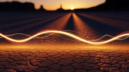 Desert landscape with cracked earth and a distant sunset.