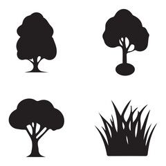 Tree and Grass Silhouette Set Botanical Shapes, Nature Icons, Forest Elements Collection