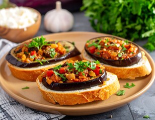 Bread slices topped with eggplant and vegetable mix, garnished with parsley, on a plate with cheese and garlic behind