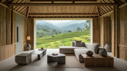 Fototapeta premium Tranquil bamboo retreat overlooking lush terraced rice fields in serene countryside setting
