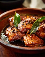 A bowl of richly glazed chicken adobo with bay leaves and peppercorns.