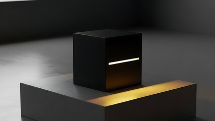 Minimalist black cube with light accent on a dark platform.