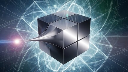 Abstract cube with light beam and geometric background.