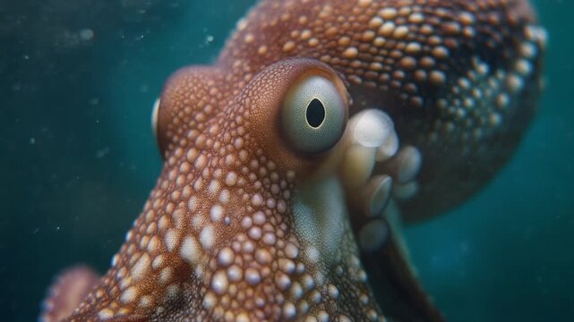 Detailed close up view of an octopus underwater.