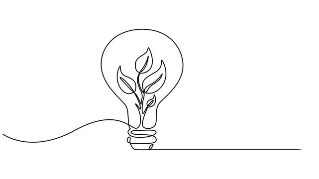 Light bulb with leaves one line art animation, Animated self drawing of single continuous line draw lightbulb with green natural leaf for company logo label. Green power innovation logotype symbol