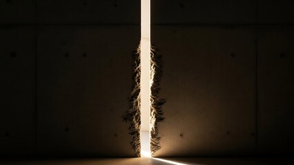 A narrow beam of light shining through a crack in a dark wall.