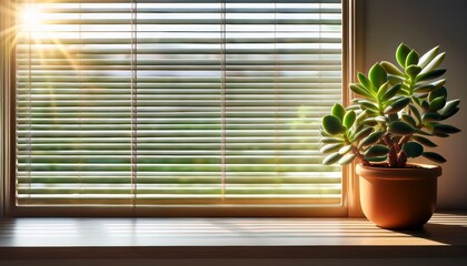 Potted Jade Houseplant Beside A Window With Blinds