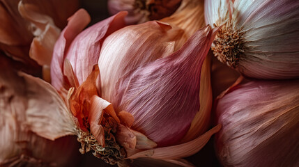 A close up shot of several shallots with their papery skins showing intricate textures and formations