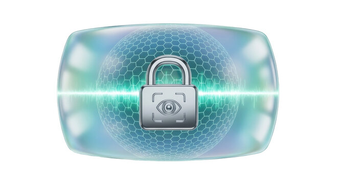 Isolated padlock with eye symbol on shield, cyber security concept, antivirus software