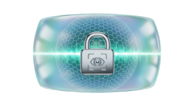 Isolated padlock with eye symbol on shield, cyber security concept, antivirus software