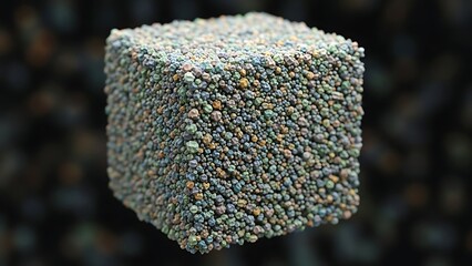 Cube covered in small pebbles, close-up shot with shallow depth of field.